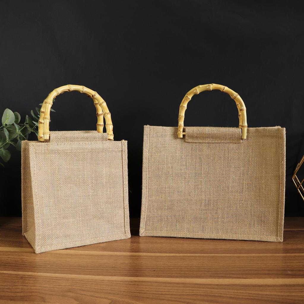 Bamboo Handle Jute Tote Bag - Retro Burlap Shopping & Gift Bag for Tea Storage