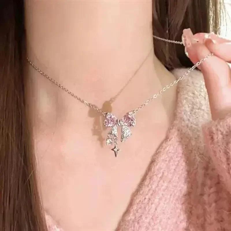 Fairy Pink Crystal Bow Knot Pendant Necklaces Y2K Girls Sweet Rhinestone Heart Clavicle Chain Women Jewelry Gifts