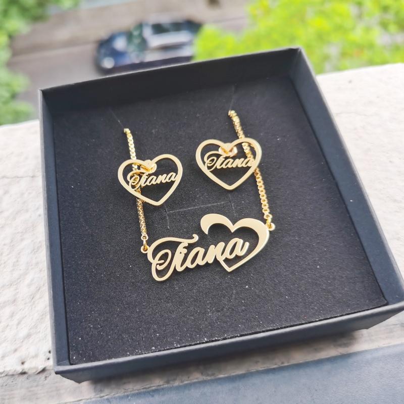 Qiuhan 20mm Heart Earrings Necklace Set, Personalized Stainless Steel Custom Name Jewelry Set