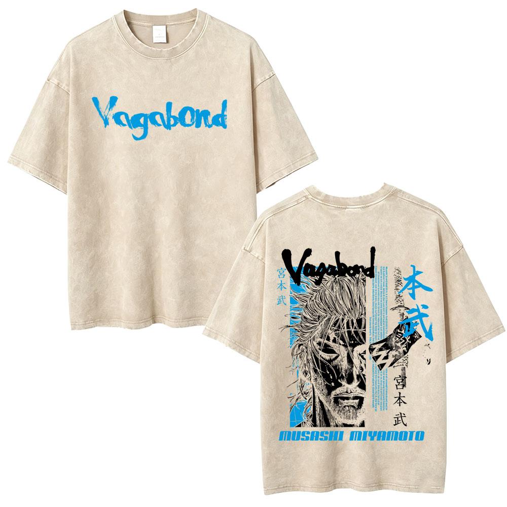 Gewaschenes Vintage Anime Vagabond Miyamoto Musashi Kirschblüten Grafik T-Shirt Herren Damen Lässiges Oversized T-Shirt 90er Jahre Streetwear