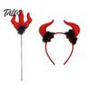 Three Pronged Cane Prop Halloween Red Devil Costume, Glitter Horn Headband And Trident Costume Accessories for Cosplay, Masquerade Party Performance