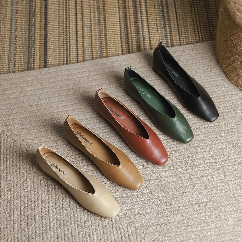 Meotina Women Genuine Leather Shoes Square Toe Flats Shollow Ladies Fashion Concise Career Shoes Spring Autumn Apricot 40