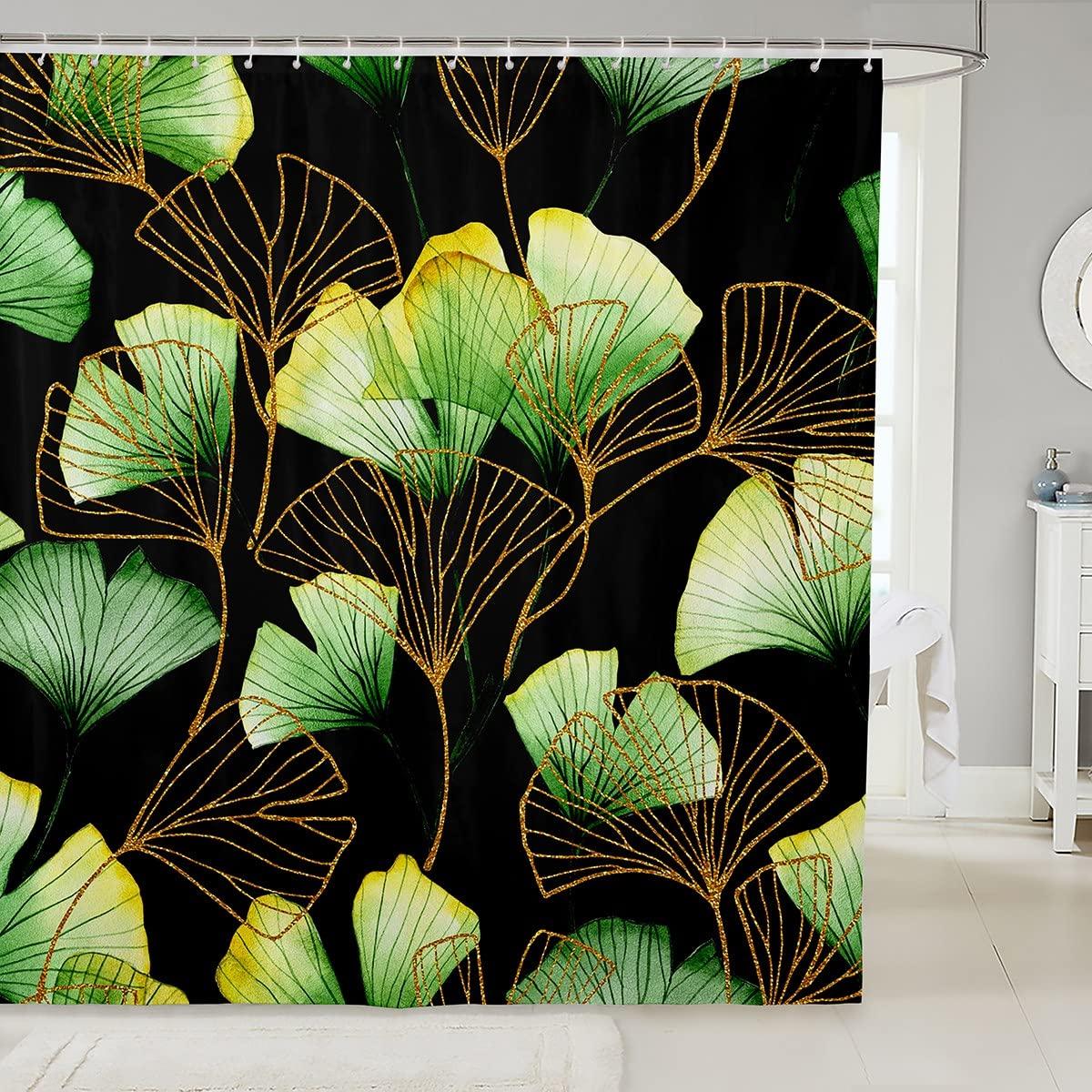 Green Ginkgo Biloba Shower Curtain Gold Ginkgo Leaves Modern Bathroom Shower Curtains Set Waterproof Botanical Bath Curtain Sets W90xH180cm