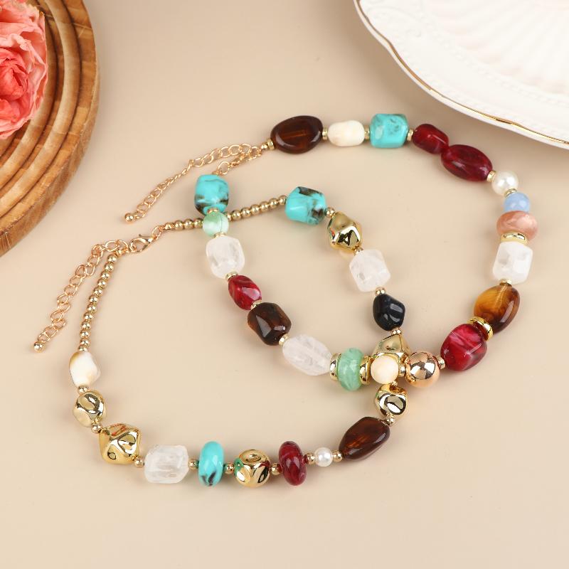 Bohemian Colored Resin Beaded Necklace For Women Vintage Adjustable Acrylic Short Choker Jewelry Gift