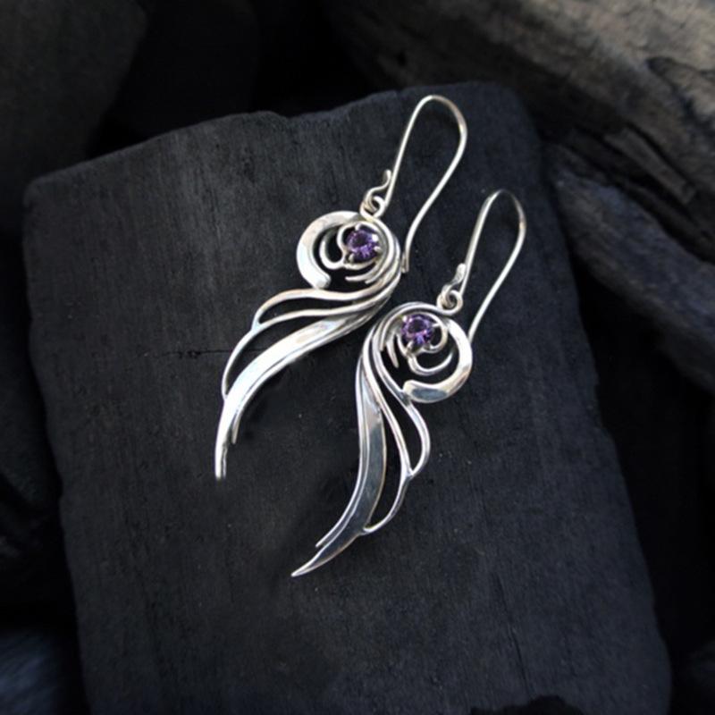 Vintage Silberfarben Metall Schnitzmuster Rund mit Lila Steinen Inlay Hängeohrringe Schmuck