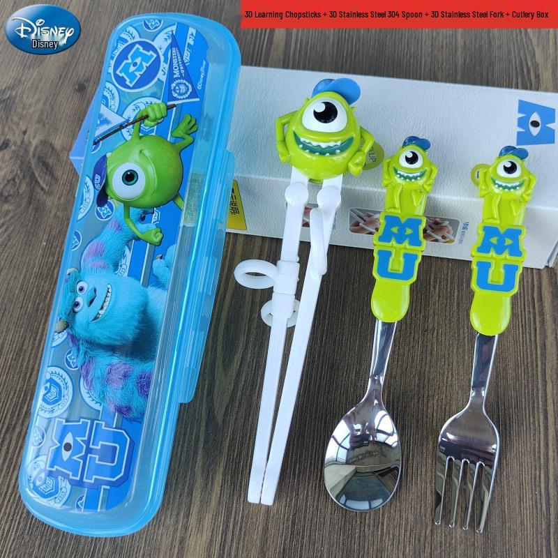 Disney 3D Cartoon Children's Stainless Steel Cutlery Set: Fork, Spoon, and Training Chopsticks