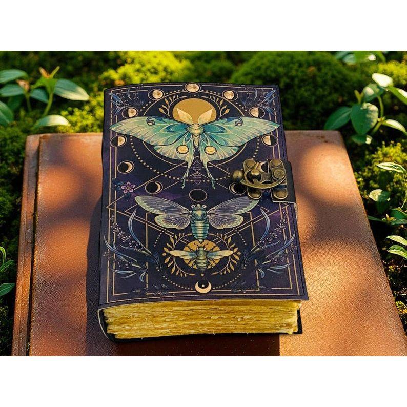 Handmade Spell Book with Lock | Personalized Wiccan Leather Journal with Deckle Pages | Witchy Gift
