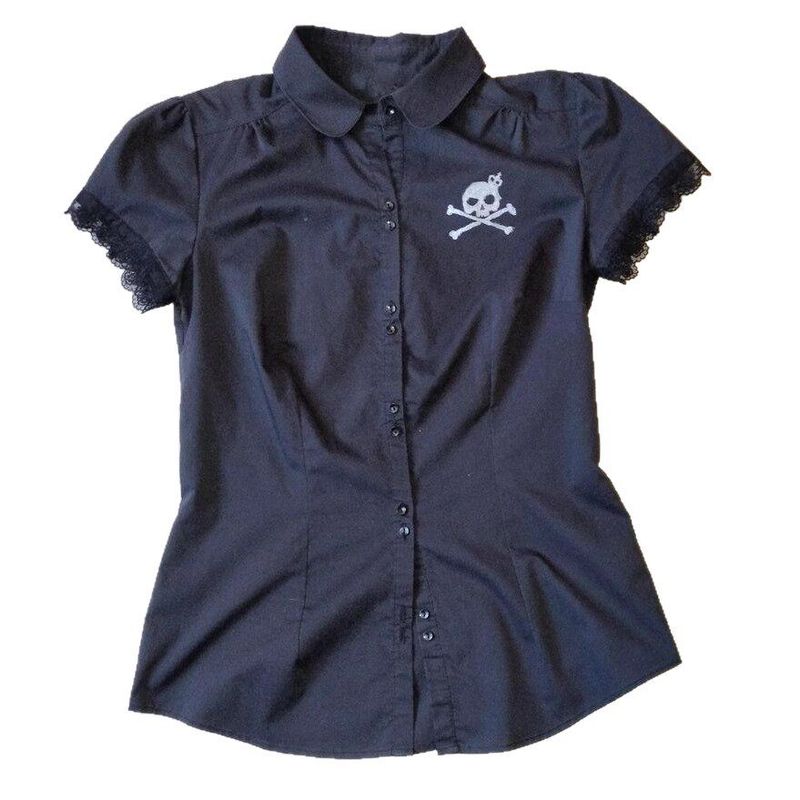 2025 Summer New Style Polo Collar Skull Print Button-Down Shirt T-Shirt College Style Top for Women Blue S