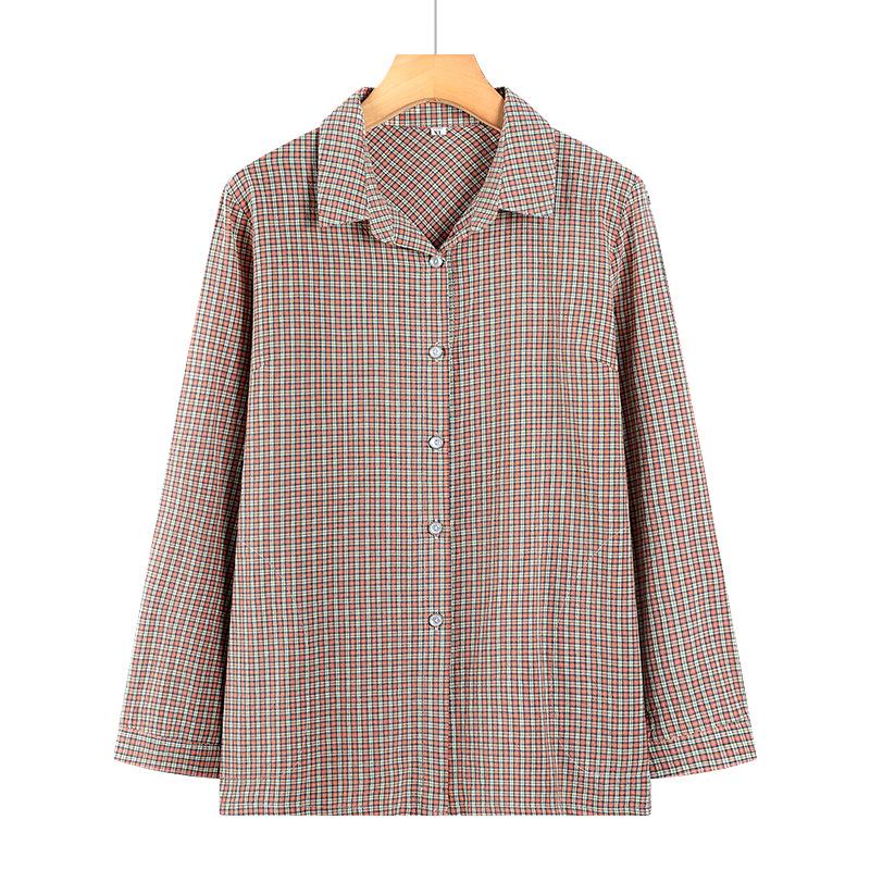 Spring Plaid Cotton Shirt for Young, Middle-Aged, and Elderly Women: Long-Sleeve Casual Wear