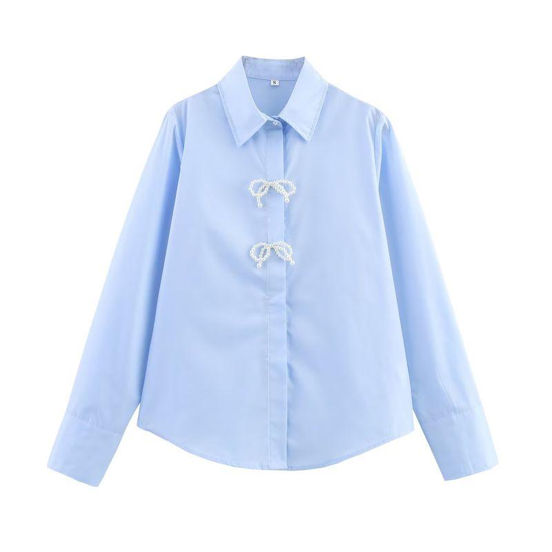 

Kaslead New Women clothes Western Style Decorated Pearls Poplin Long sleeve Lapel Shirts 2136534 441 Blue L