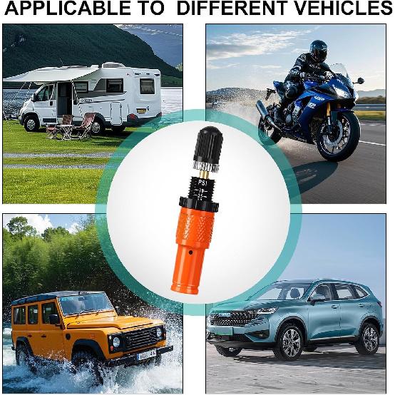Adjustable Auto-Stop Tire Deflator Valve Kit (10-30 PSI) Tire Air Down Tool Offroad 4X4 Screw-On Automatic Tire Deflators. (4, Orange)