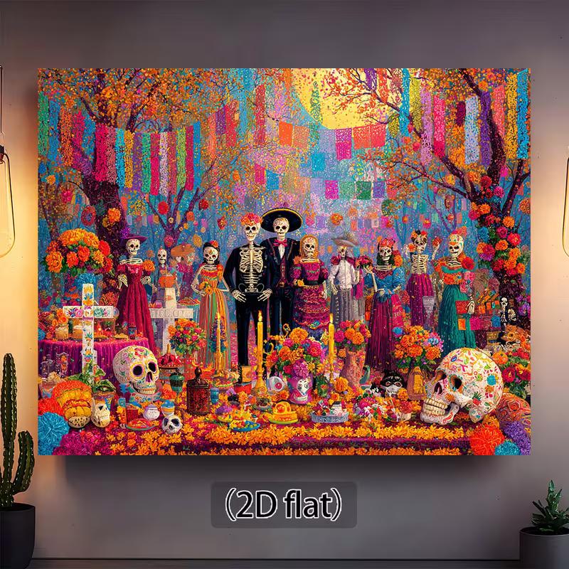 2D Mexican Festival Backdrop, Skeleton Family Party Background Cloth