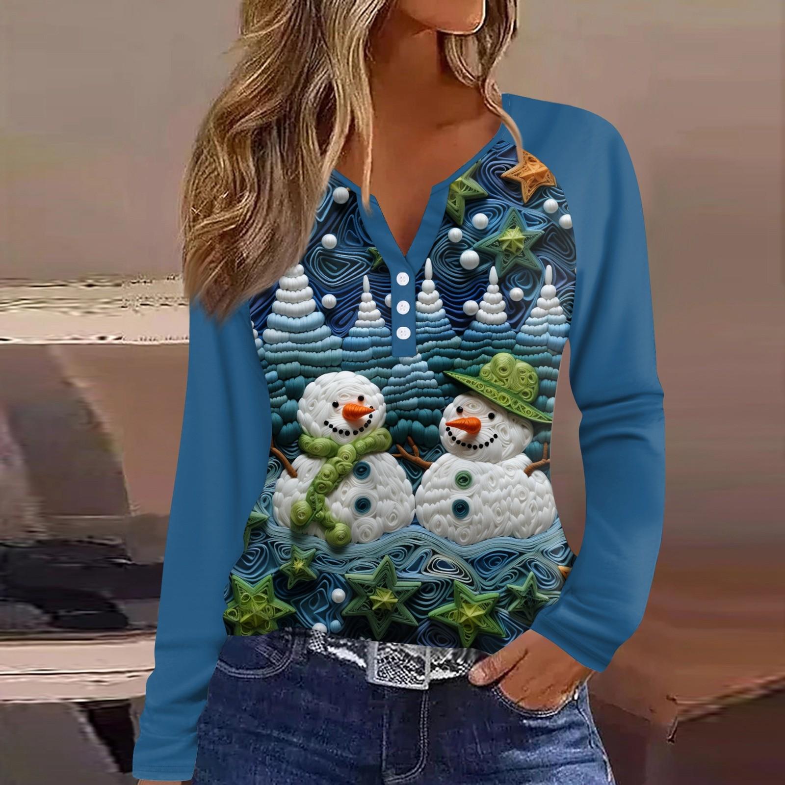 

Женская мода повседневная рождественская печать V-образный вырез рукава реглан с декоративными пуговицами длинный рукав футболка топ S синий