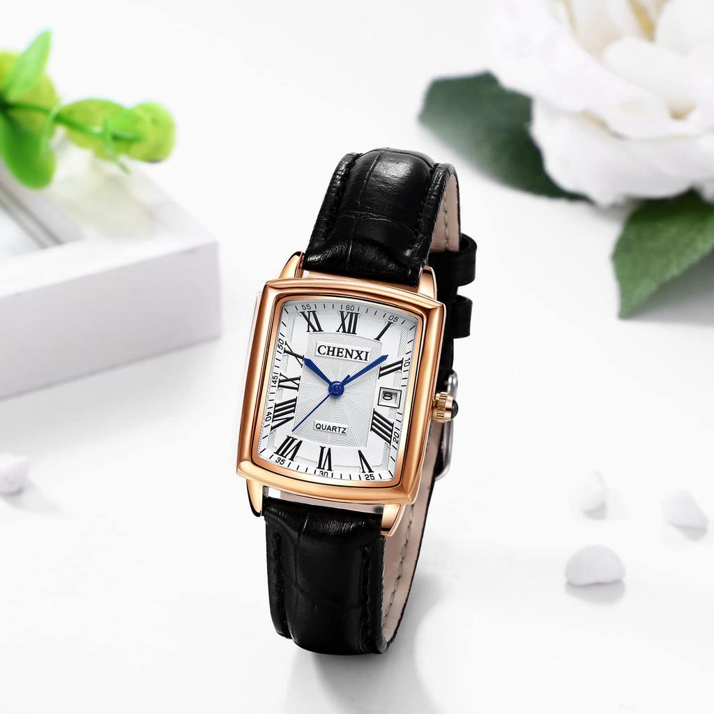 Women's Leather Strap Watch with Roman Alphabet, Analog Display, Calendar, 3ATM Water Resistance, Square Design, Popular Antique Style, Black,