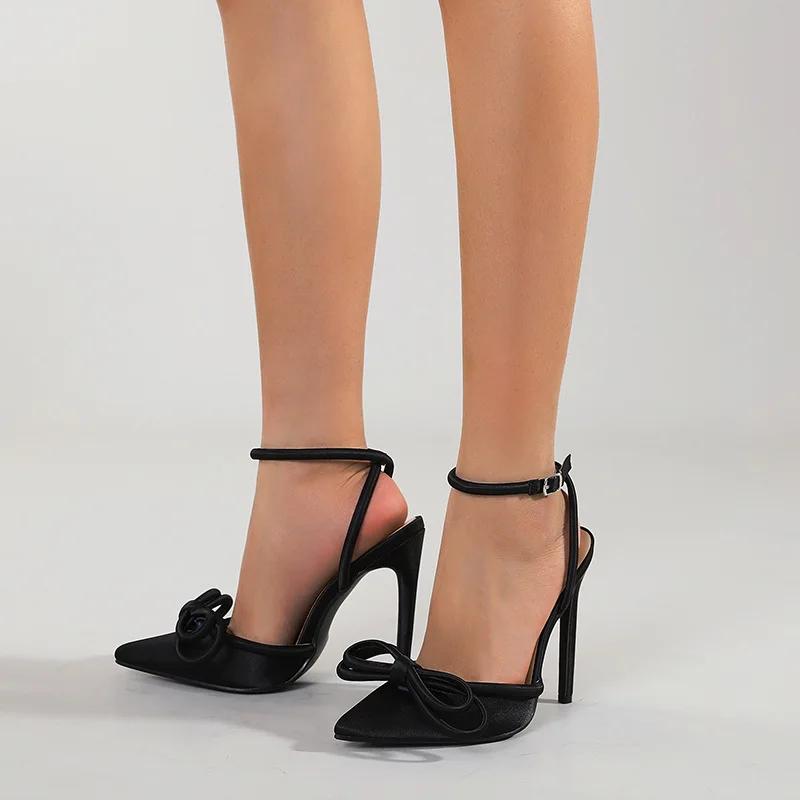 

Fashion Black/Purple Women Pointed Single Shoes New Bow Shallow Mouth Catwalk Thin Heel Bag Head High Heel Sandals 35 чёрный