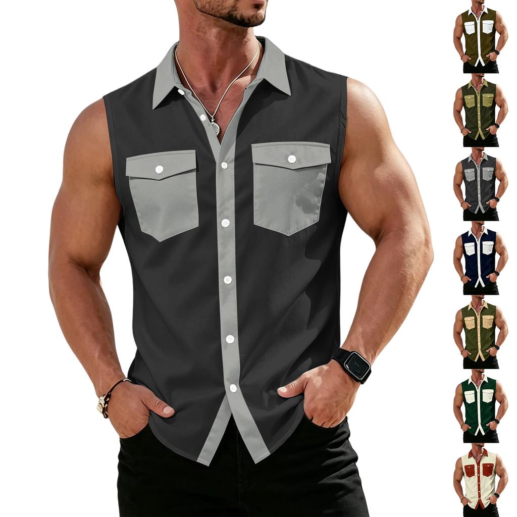 Men's Workwear Lapel Button-Down Vest Shirt - Lightweight Sleeveless Top