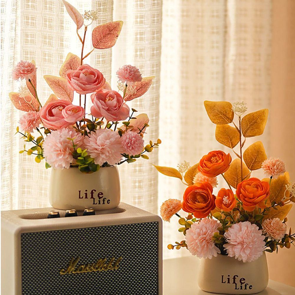 Hydrangea Artificial Flower Bonsai Ranunculus Maintenance-Free Green Grass Potted Photo Props Multicolor Desktop Ornament