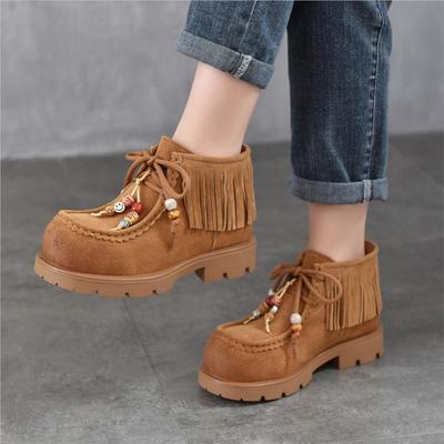 Quasten Dickbesohlte Kuhveloursleder Kurze Stiefel Modische Und Vielseitige Schnürstiefel für Damen