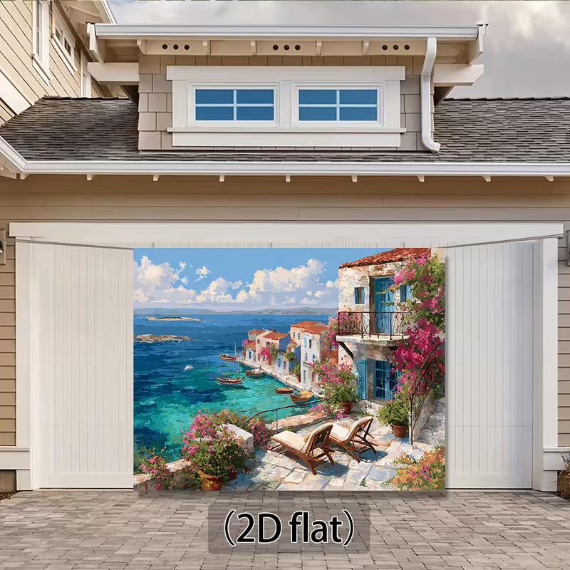 Mediterranean Coastal Scene Tapestry, Greek Island Oil Painting Print