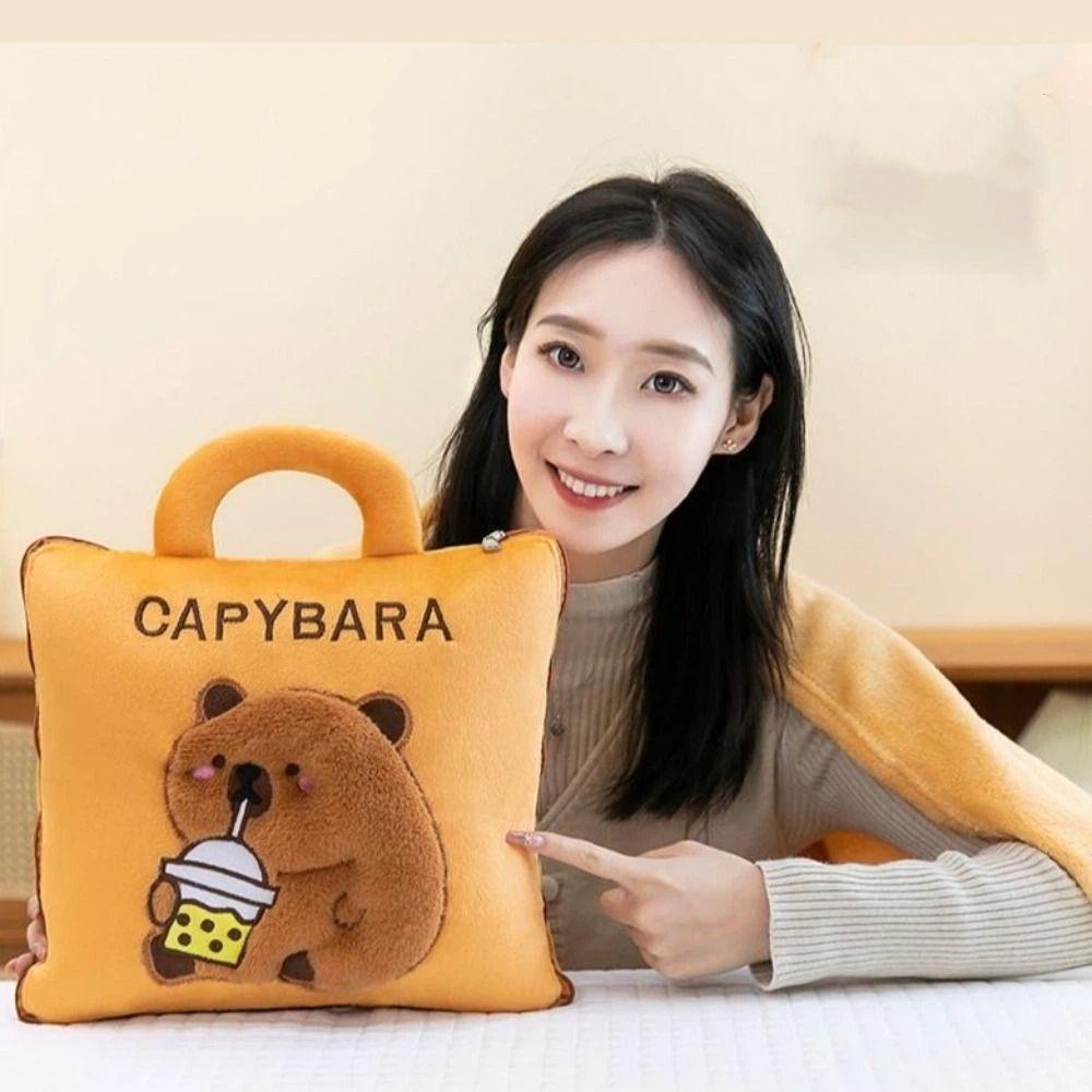 Cute 2 in 1 Capybara Pillow Blanket Plush Cartoon Travel Blanket Soft Cozy Air Conditioning Blanket Nap Cushion