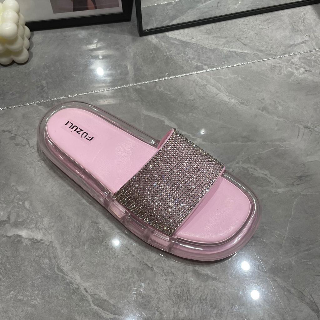 Ciabatte moda estiva da donna sandali comodi a fondo piatto color caramella 2025 nuove scarpe da spiaggia con cinturino in strass flash