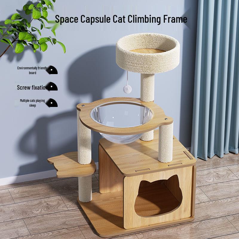 Space-Saving Cat Climbing Frame & Bed Villa with Toy Capsule, Floor-to-Ceiling Post, and All-Season Platform.