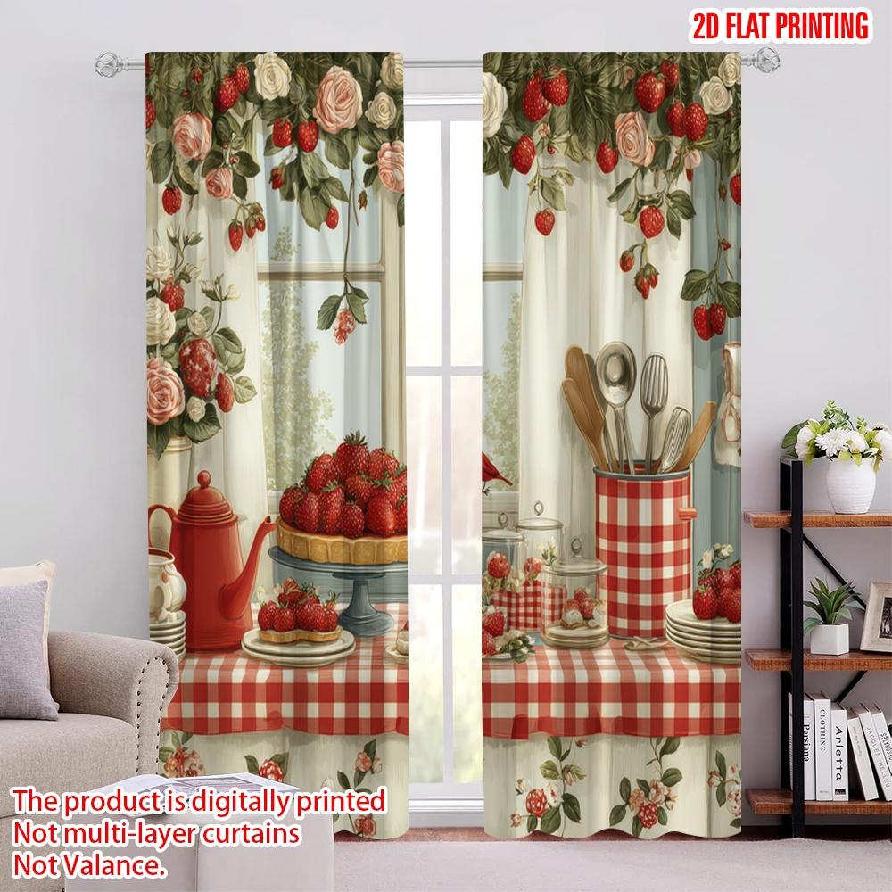 2D Flat Printing 2pcs Scene Curtains Strawberry Dessert Table Digital Printed Polyester Drapes All Season Party & Holiday Decor