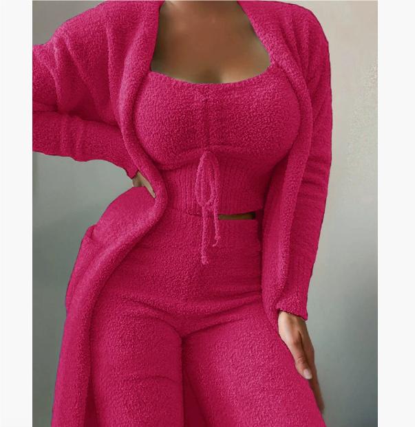 

Fashion Plush Lace Up Cardigan 3 Piece Women s Trouser Set Autumn and Winter Solid Color Asual Warm Home Wear Female XS рожевий червоний колір