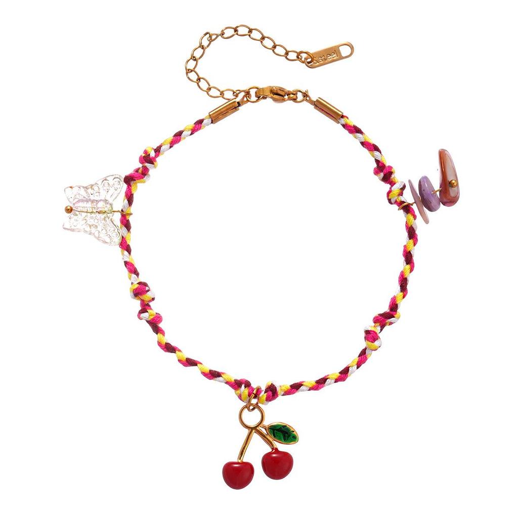 Stainless Steel Cherry & Butterfly Tassel Bracelet - Fashionable, Sweet, and Unique Design