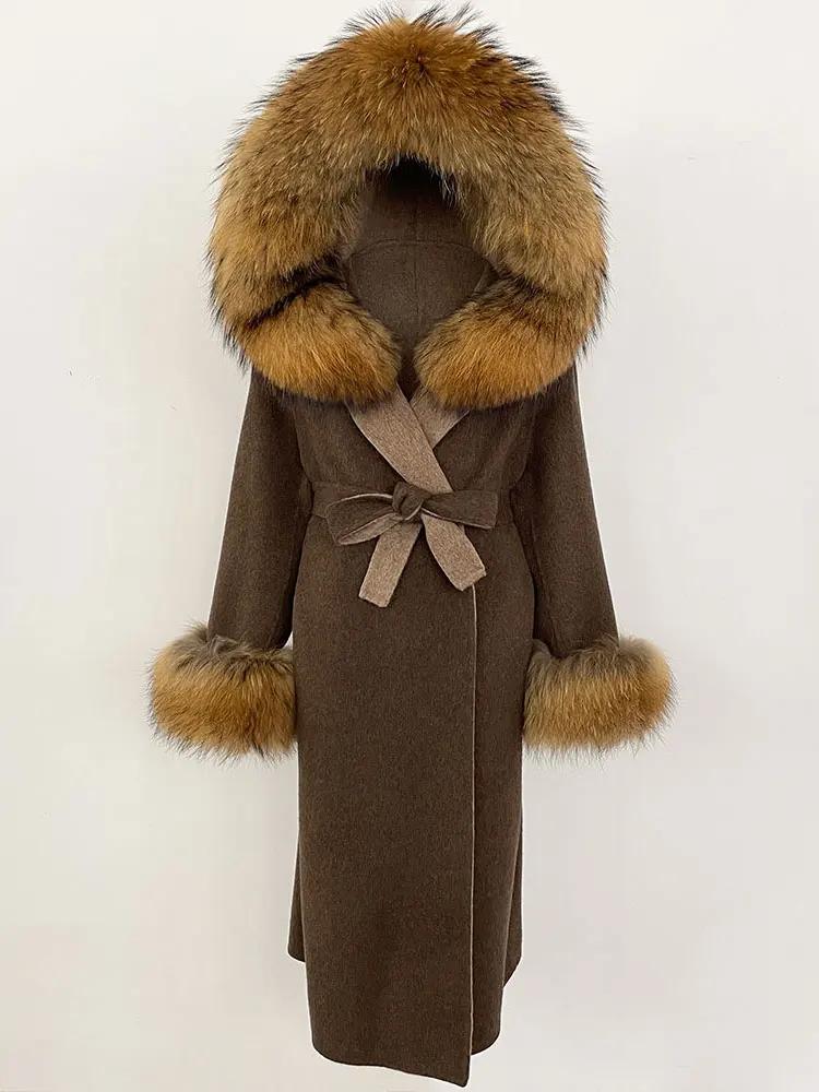 

OFTBUY Зимнее женское пальто из натурального лисьего меха с капюшоном и съемным воротником Двусторонняя шерстяная куртка Длинная повседневная элегантная верхняя одежда M