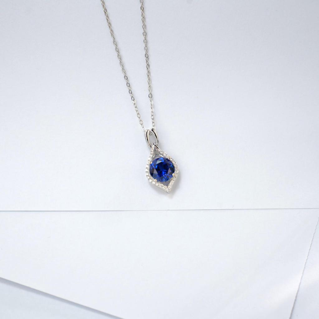 Zhou Hengfu S925 Sterling Silver Cultured Sapphire Water Drop Necklace - Light Luxury Fashion for Women