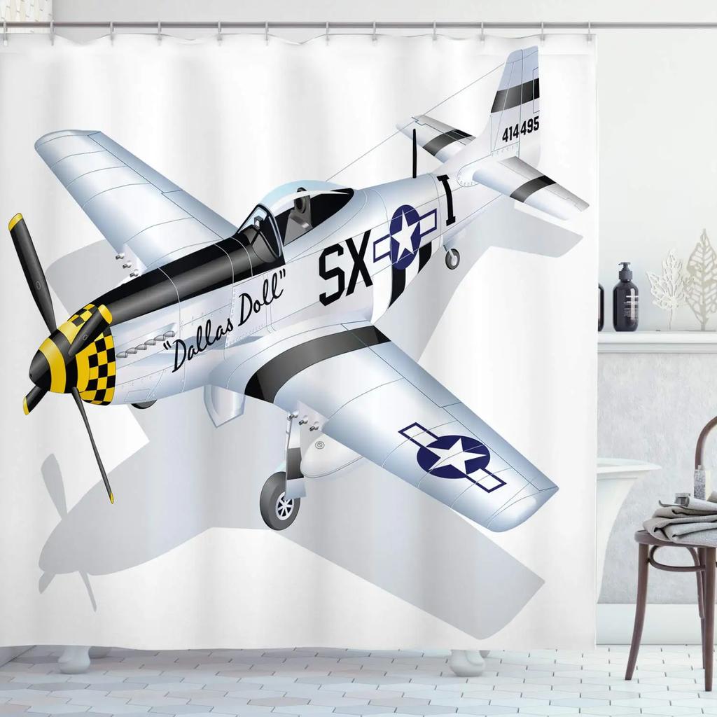 Flughafen Duschvorhang,Aviation-Thema Illustration von geparkten Flugzeugen auf Flugfeld gelandet,Polyesterstoff Badezimmer Vorhang Set