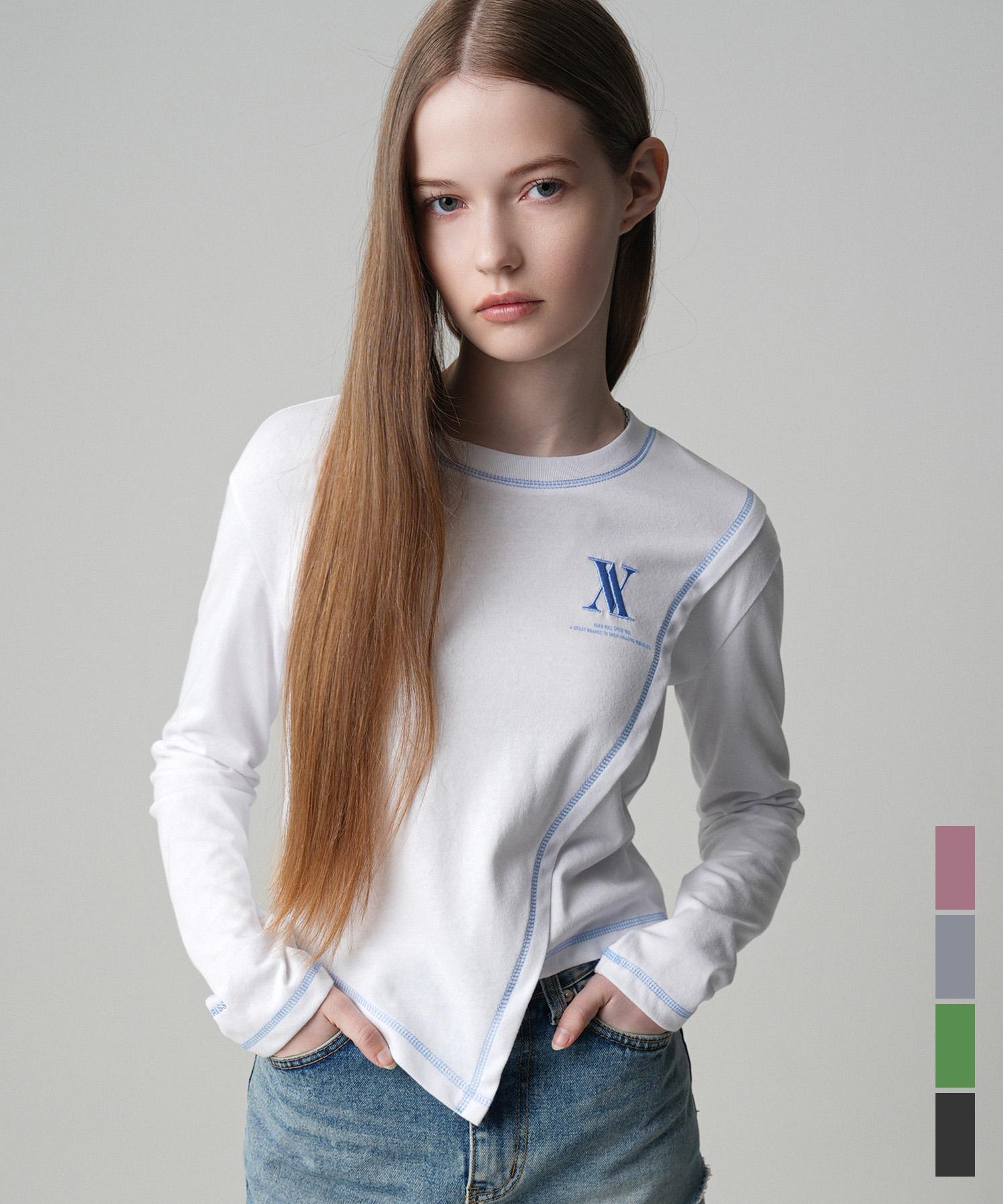 Urban Dress Line Diagonal Long Sleeve T-Shirt - 5Col Blue/Free