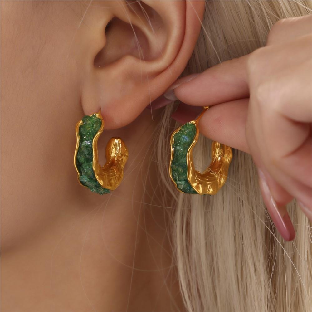 Fashion Colorful Crystal C-shaped Earrings For Women Stainless Steel Gold-plated Luxury Earrings Female Bohemia Zircon Gifts