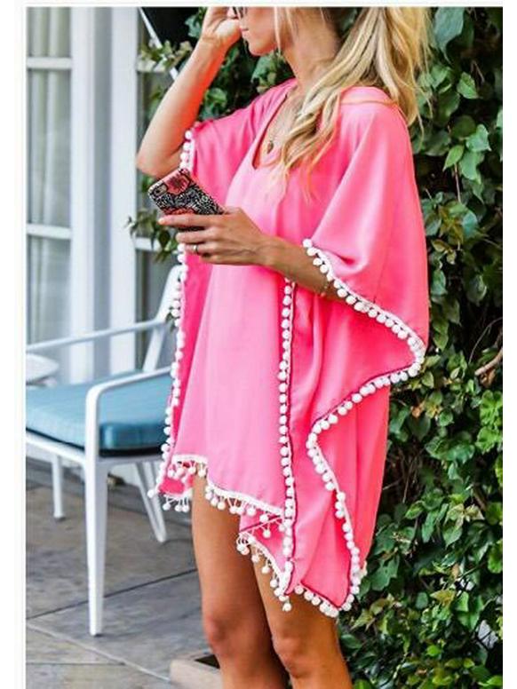 Chiffon Tassel Beach Cover-up: European & American Style with Fur Ball Accents
