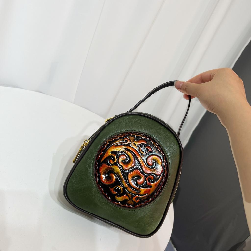 Ethnic Vintage Round Crossbody - Hand Embossed Ladies Shoulder Bag Minimalist Texture Commuter Large Capacity Handbag