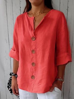 Chemise Boutonnée Ample en Coton et Lin à Col en V pour Femmes Été 2025