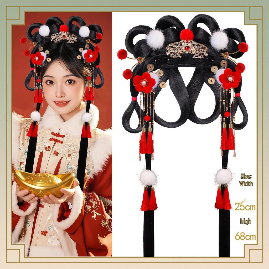 Ancient Hanfu Wig Accessory Set: Sweet Hair Bun with Tassel Flower Headdress for Women