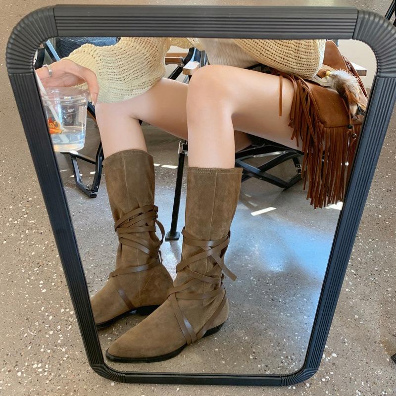 Sheepskin~ Leather Pointed Pile Boots Women's Western Cowboy Boots Vintage Strap Mid-Tall Knight Boots