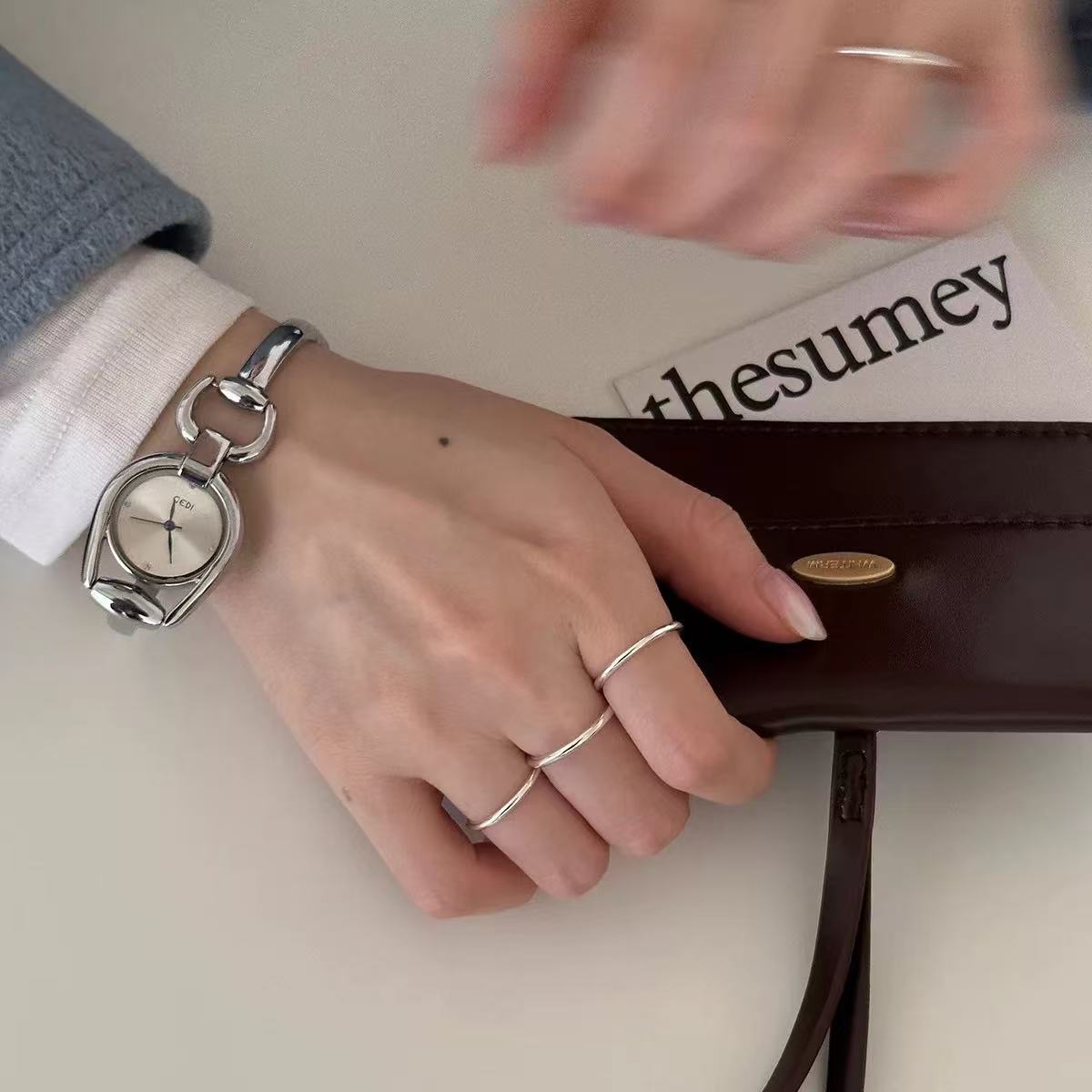 Sterling Silver Glossy Plain Ring Women s ins Niche Design Minimalist Style Versatile Stackable Open Ring adjustable size