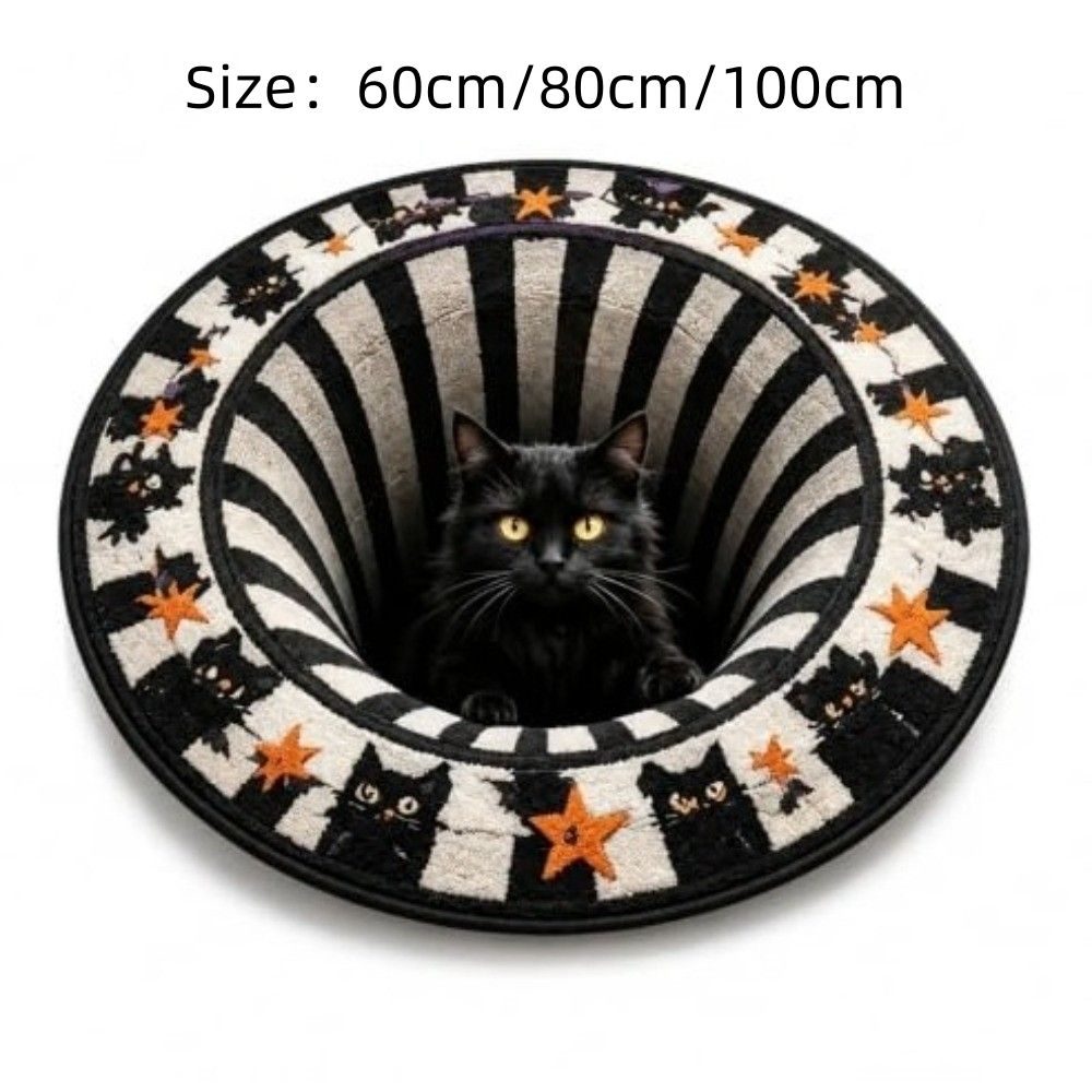 3D Visual Round Plushie Rug Ghost Cat Pattern Holiday Doormat Spooky Halloween Rug Living Room