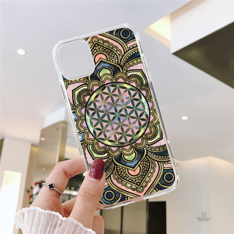 Flower of Life In Lotus Phone Case For iPhone 11 12 Mini 13 14 15 Pro XS Max X Plus SE XR Transparent Shell