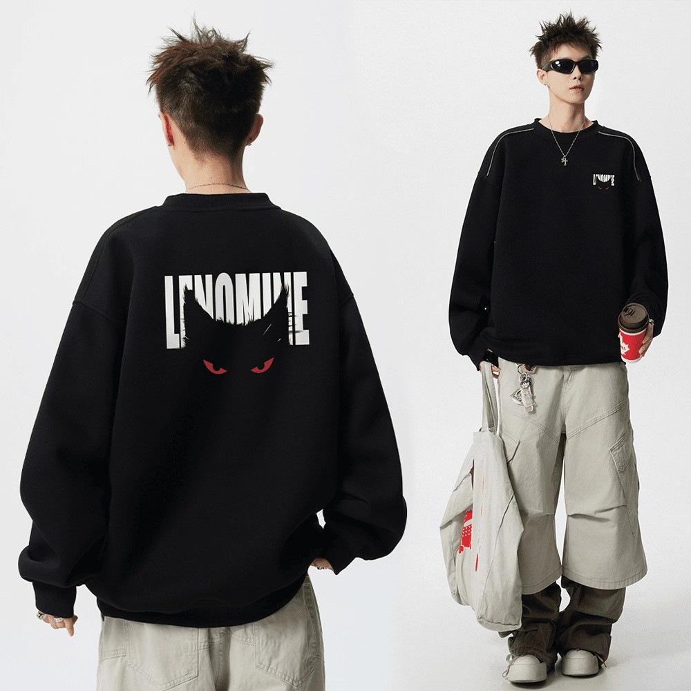 Devil Cat Print Round Neck Men’s Hoodie - Trendy Loose Fit for Spring & Autumn L