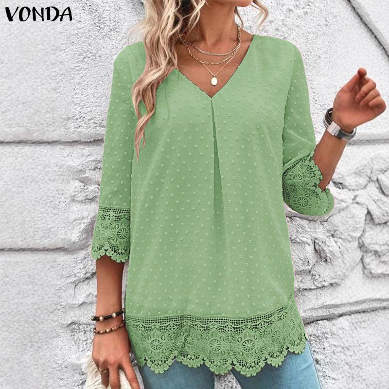 VONDA Women Casual V Neck 3/4 Sleeve Texture Lace Patchwork Blouse