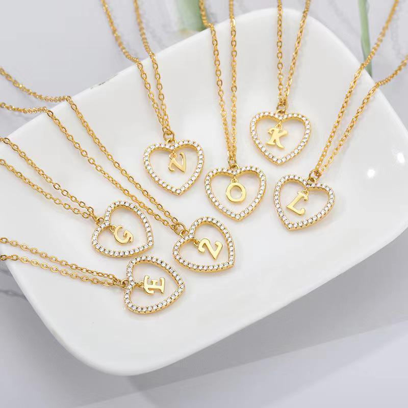 Heart Pendant Zircon Letter Necklace - 26 Letters Available