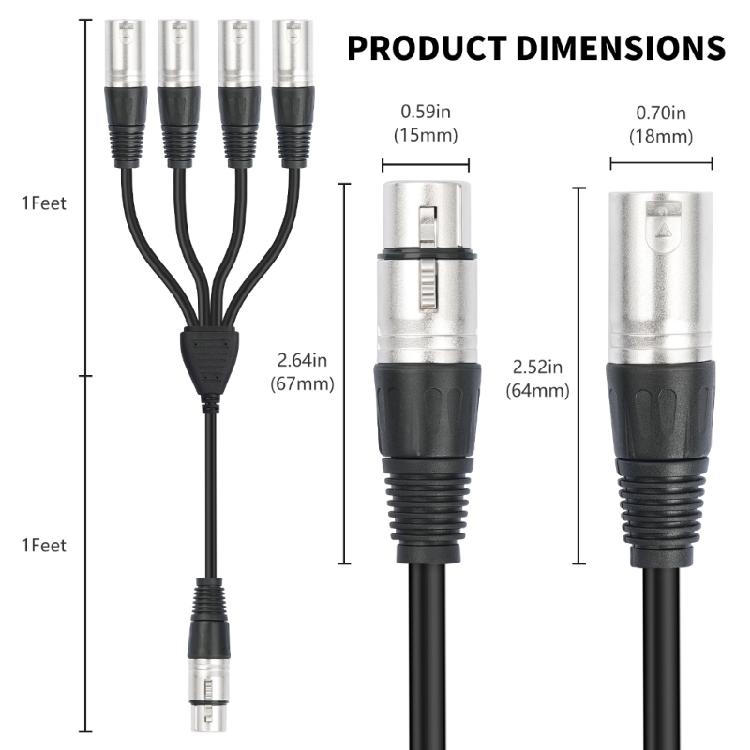 Plated 3Pin XLR Female To 4 Male Y Type Sound Splitter For Microphones Mixers Amplifiers