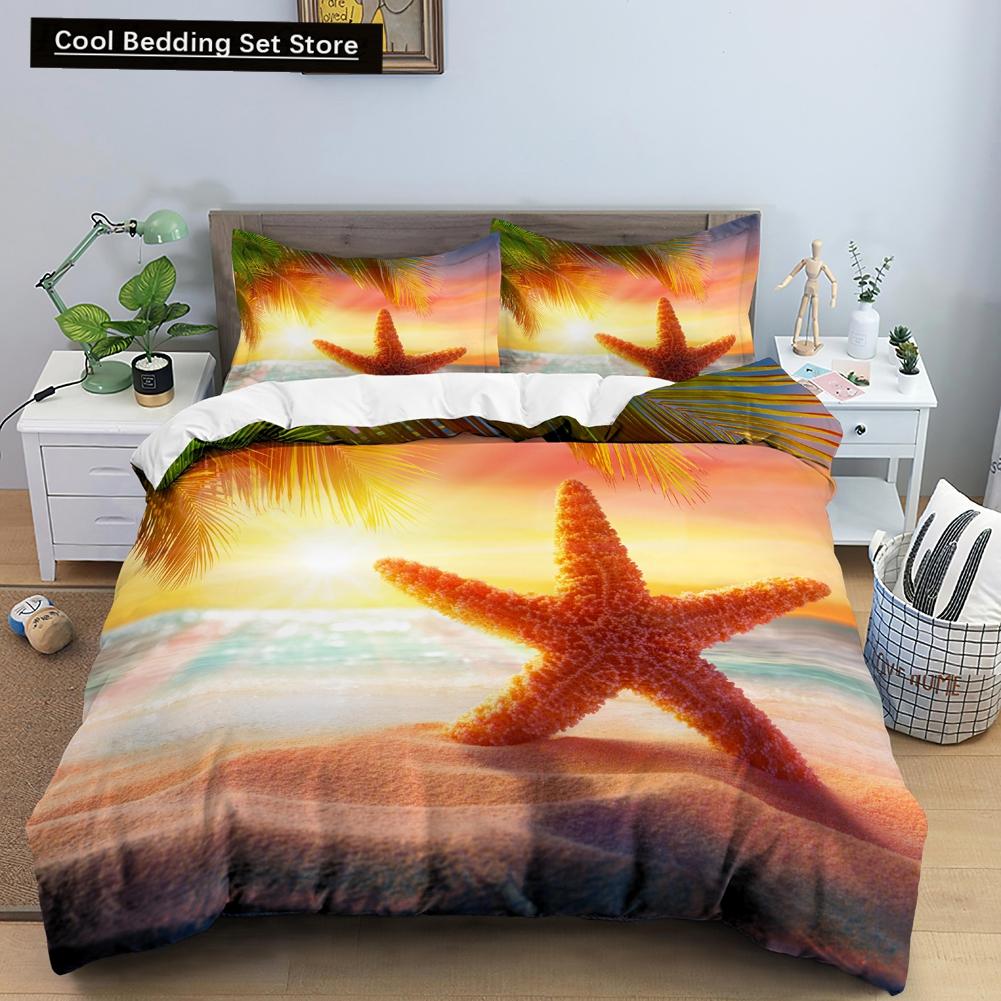 Blue Ocean King Queen Bettbezug Cartoon Seestern Muschel Bettwäscheset für Kind Teenager Erwachsene Meer Strand 2/3tlg. Polyester Bettdeckenbezug