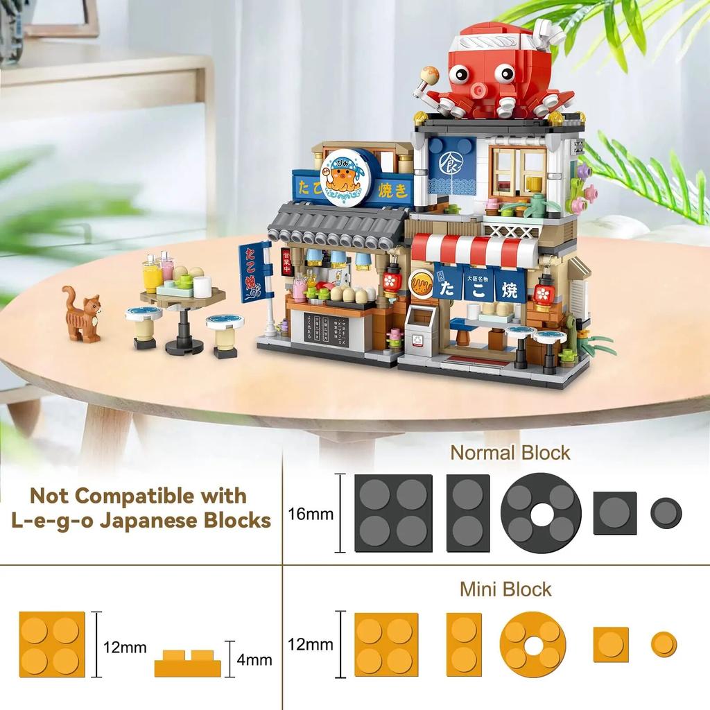 709 Teile Takoyaki-Laden Straßenansicht Izakaya-Laden Spielzeug, MOC Bau Kreatives Architekturmodell Set, Mini-Bausteine