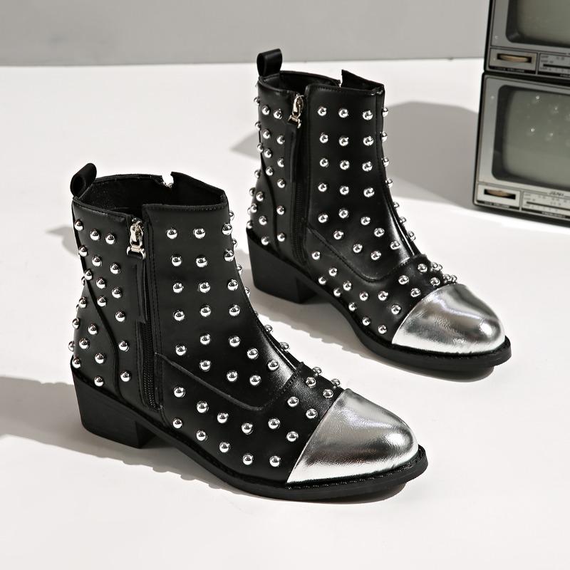 Retro Pointed Toe Western Cowboy Boots  Fall New Skinny Rivet Side Zip Shorter Boots