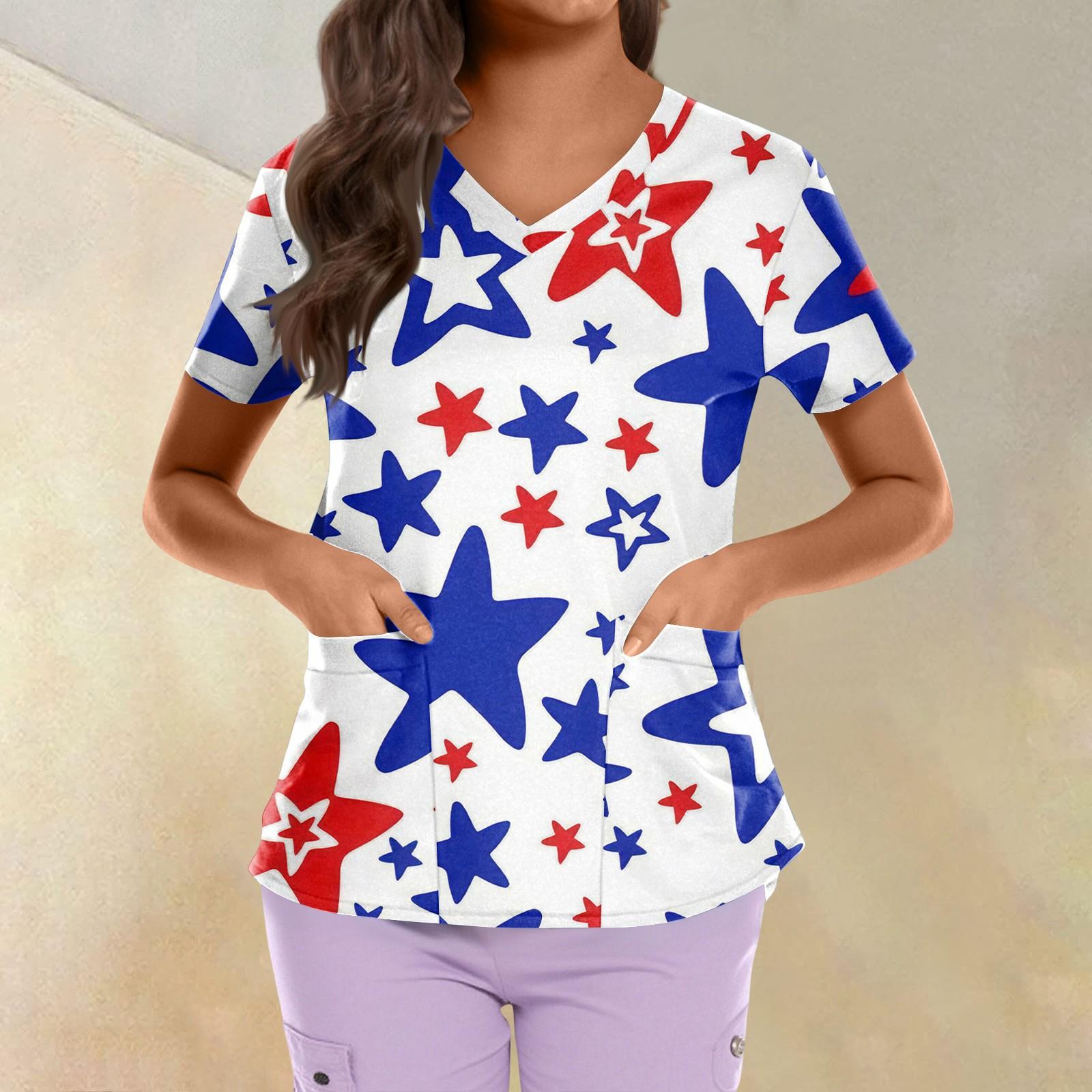 

Plus Size Printed Scrub Working Uniform Tops For Women s Cross V Neck Independence Day Print Short Sleeve Fun T-Shirts Workwear Tee With Pockets S бежевый